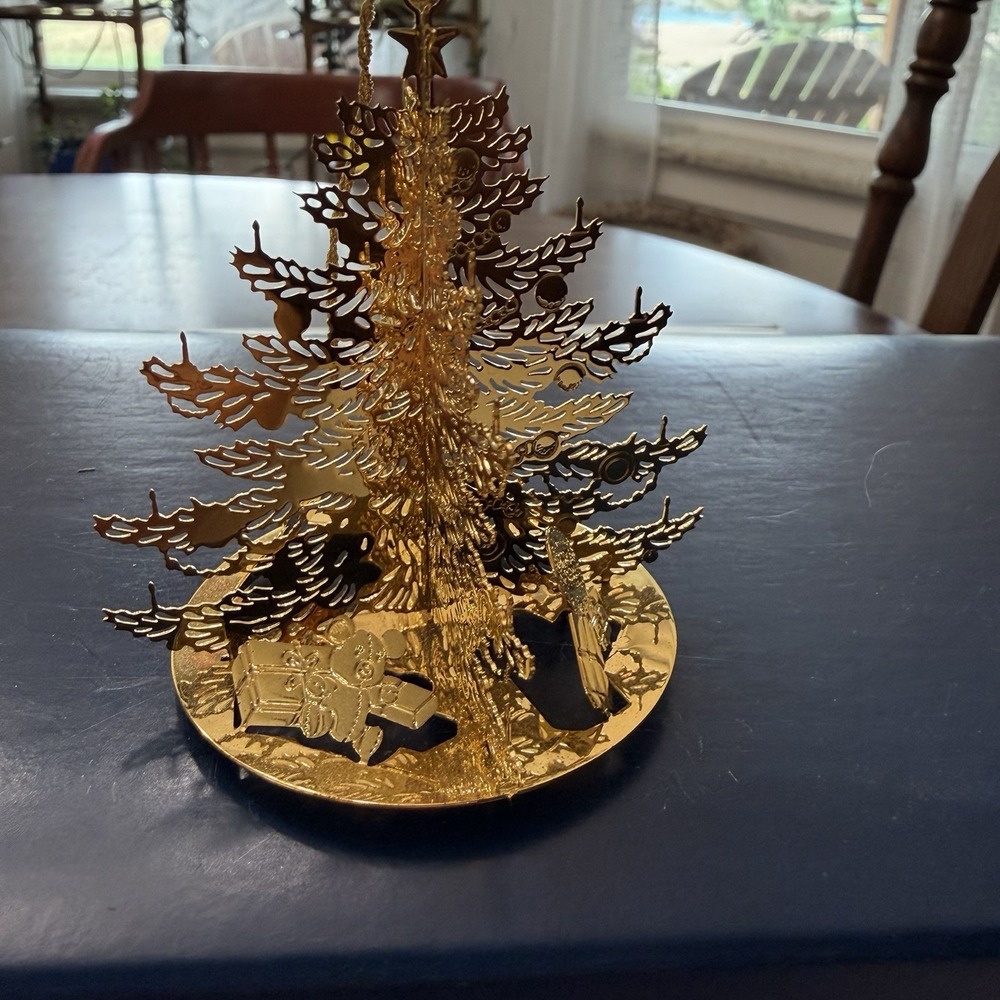 Vintage Gold Tone 3D Christmas Tree Ornament Folding Filigree &circle Ornaments